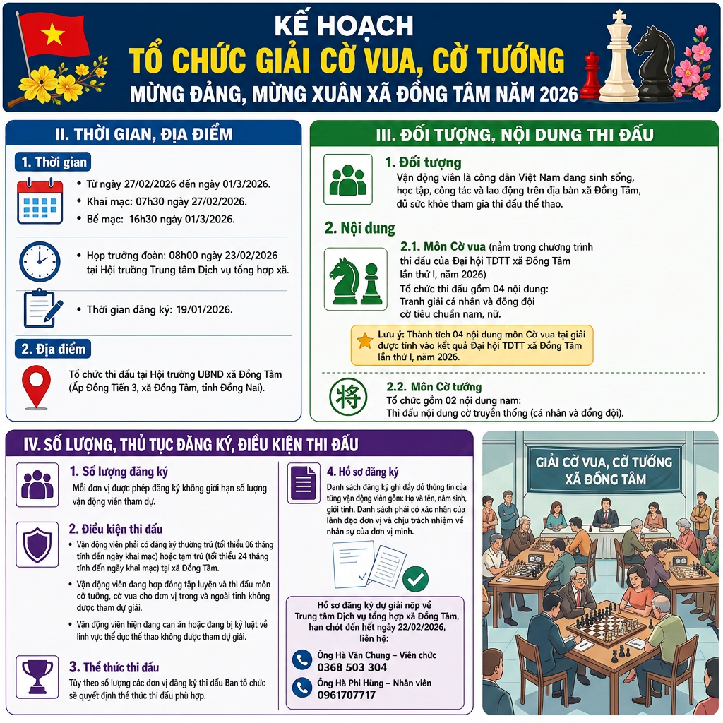Kế hoạch tổ chức giải Cờ vua, Cờ tướng xã Đồng Tâm 2026