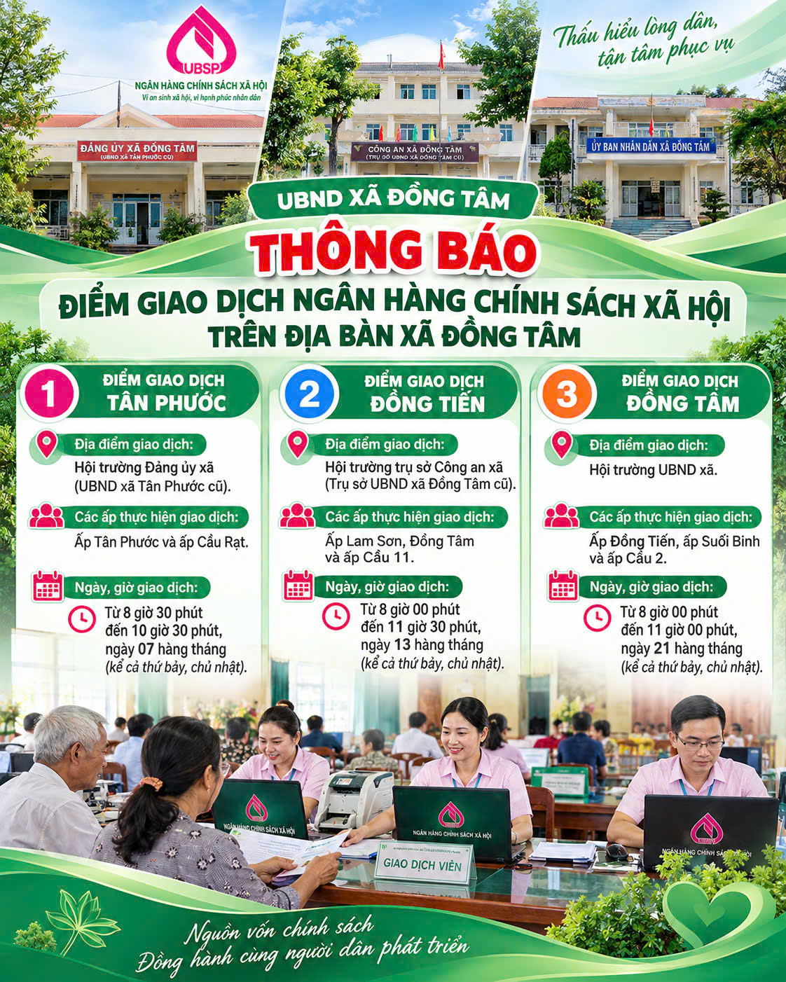 UBND xã Đồng Tâm thông báo điểm giao dịch Ngân hàng Chính sách xã hội trên địa bàn xã